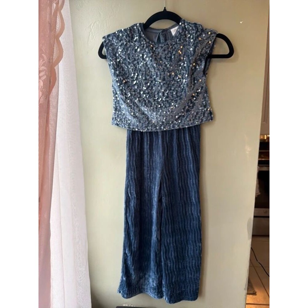 Girl’s Zara Slate Blue Velvet and Sequined Jumpsuit Size 7